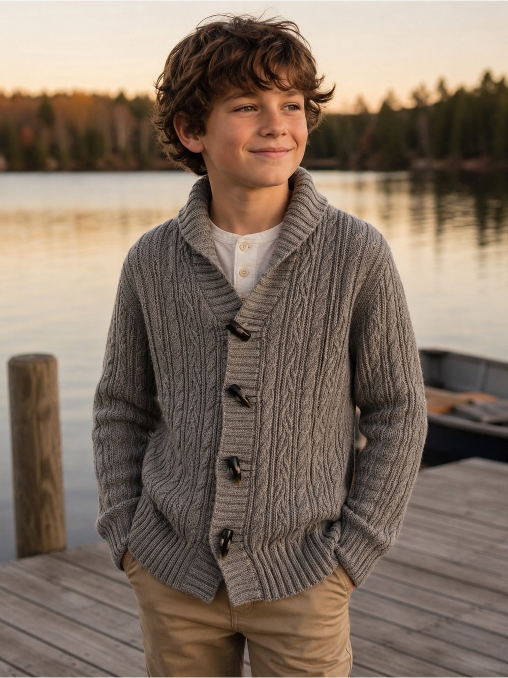 Hope & Henry Boys Gray Organic Cotton Cable Knit Toggle Sweater Size Small NWT